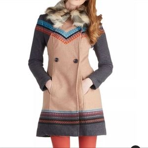 Plenty by Tracy Reese Anthropologie Wool Fur Trim Tan Geometric Long Coat